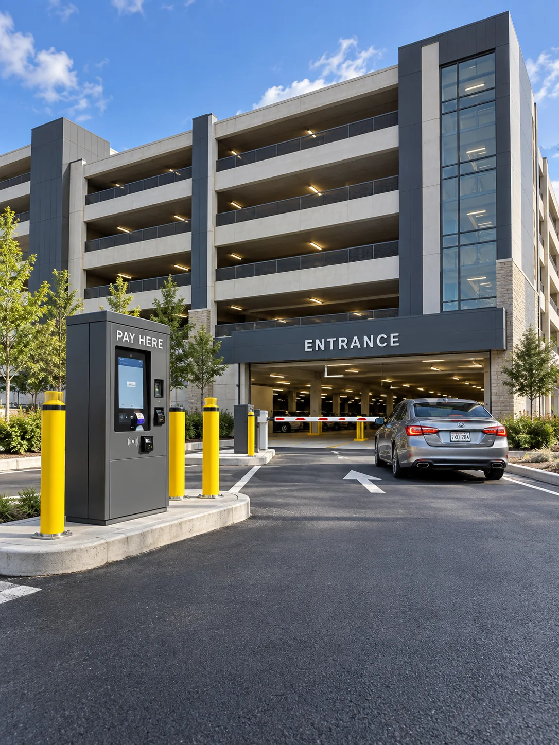 Illustrative large modern parking garage with a pay station at the entrance